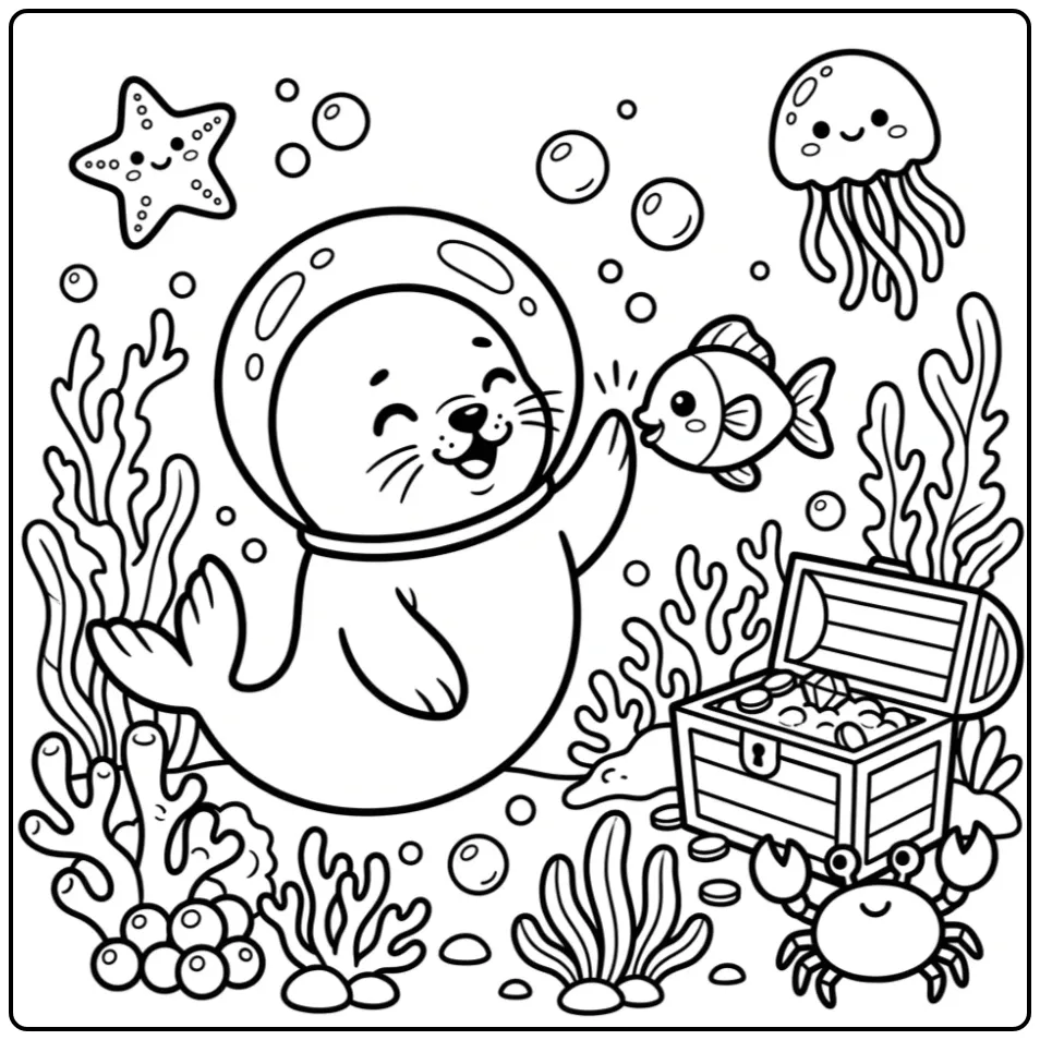 Schattige baby zeehond kleurplaat onder water met een visje.