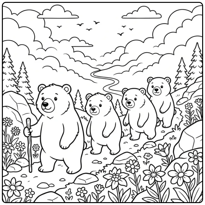 Realistische beren kleurplaat wandelend op een bergpad.