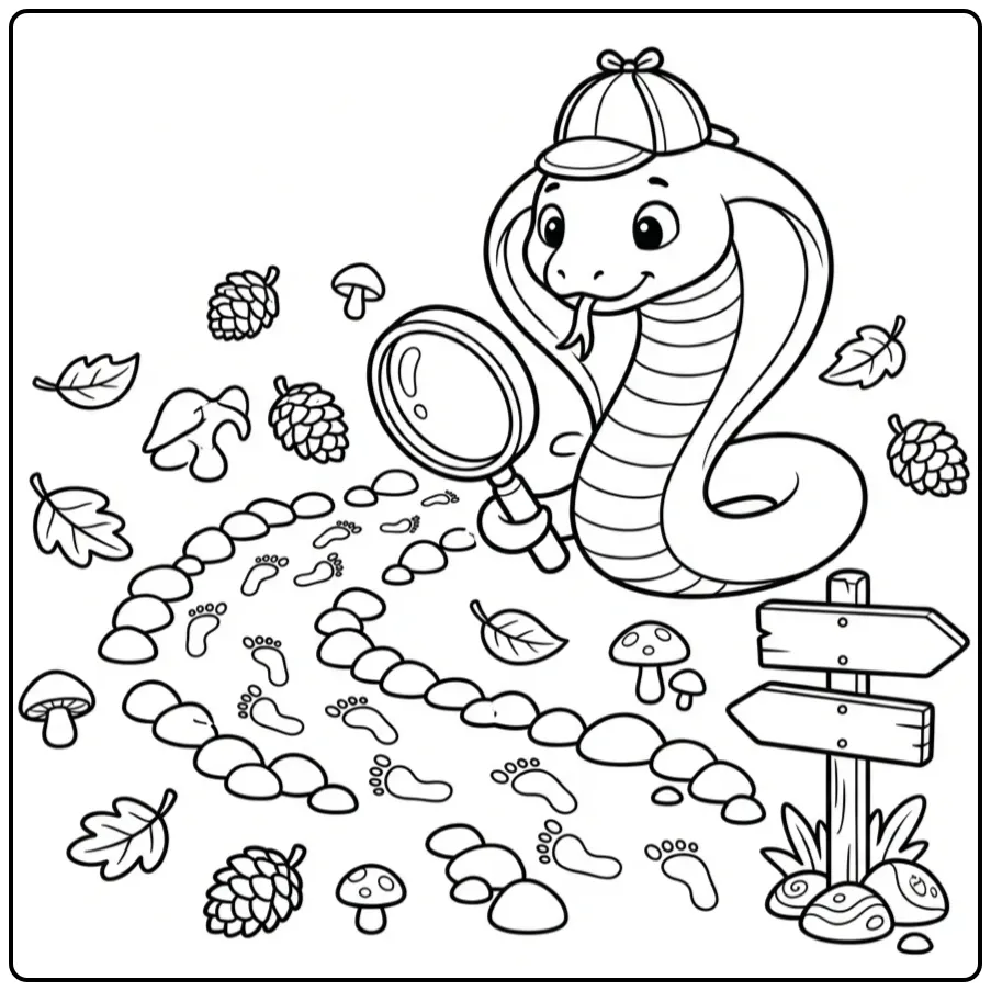 Detective cobra kleurplaat met vergrootglas en hoedje.