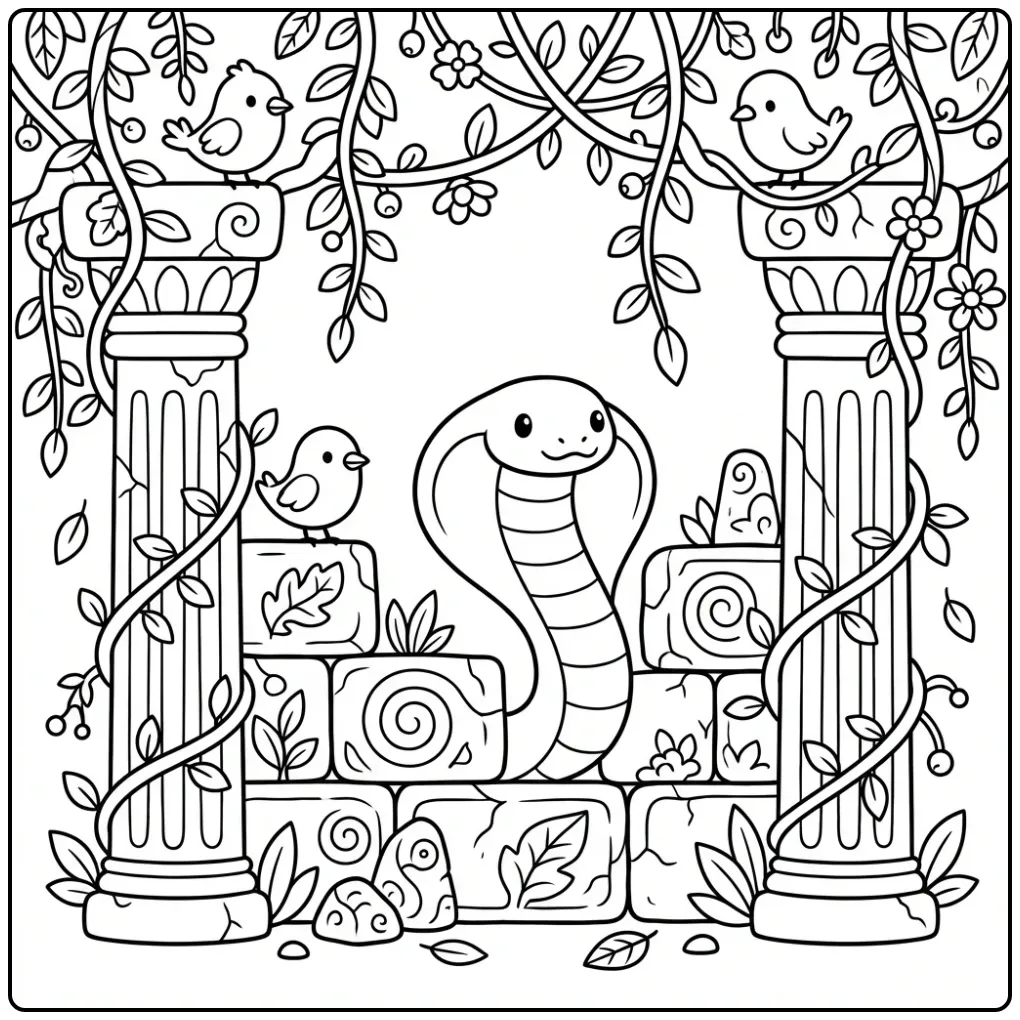 Leuke cobra kleurplaat met tempelstenen en vogeltjes.