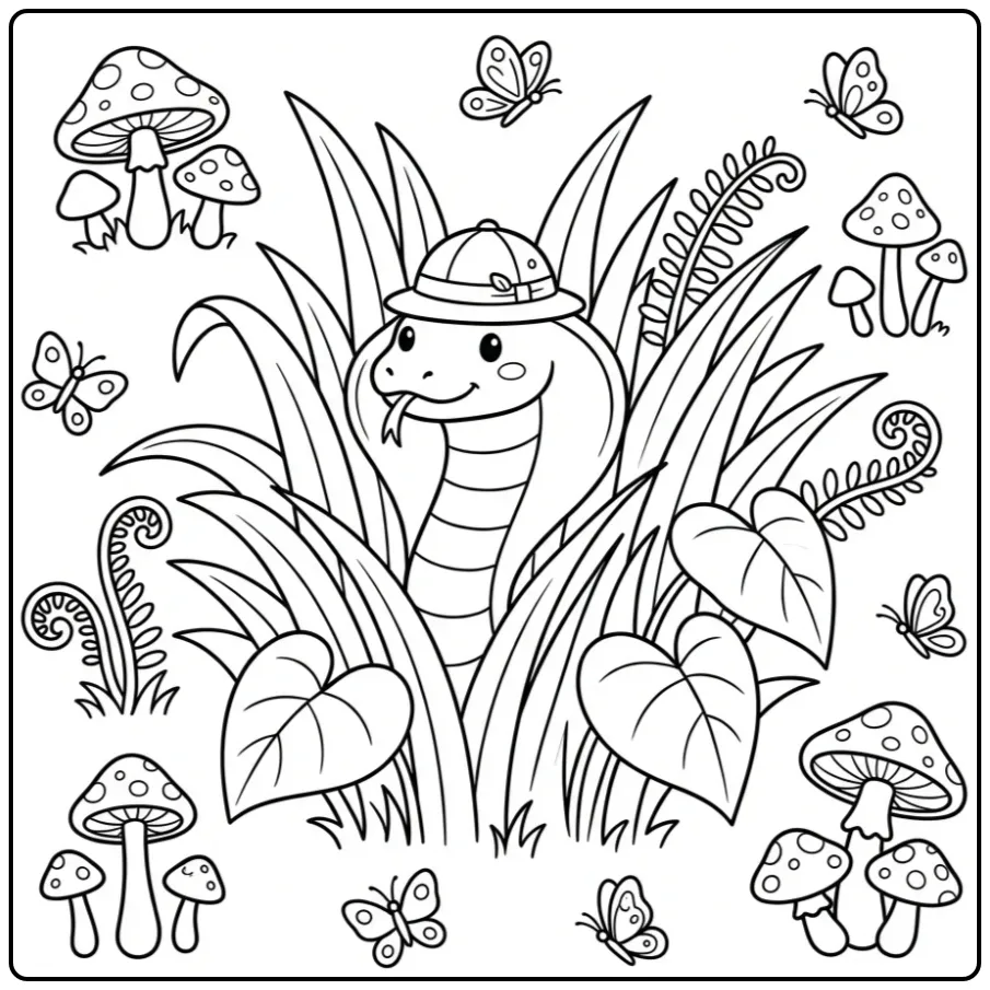 Schattige cobra kleurplaat met een hoedje in het oerwoud.