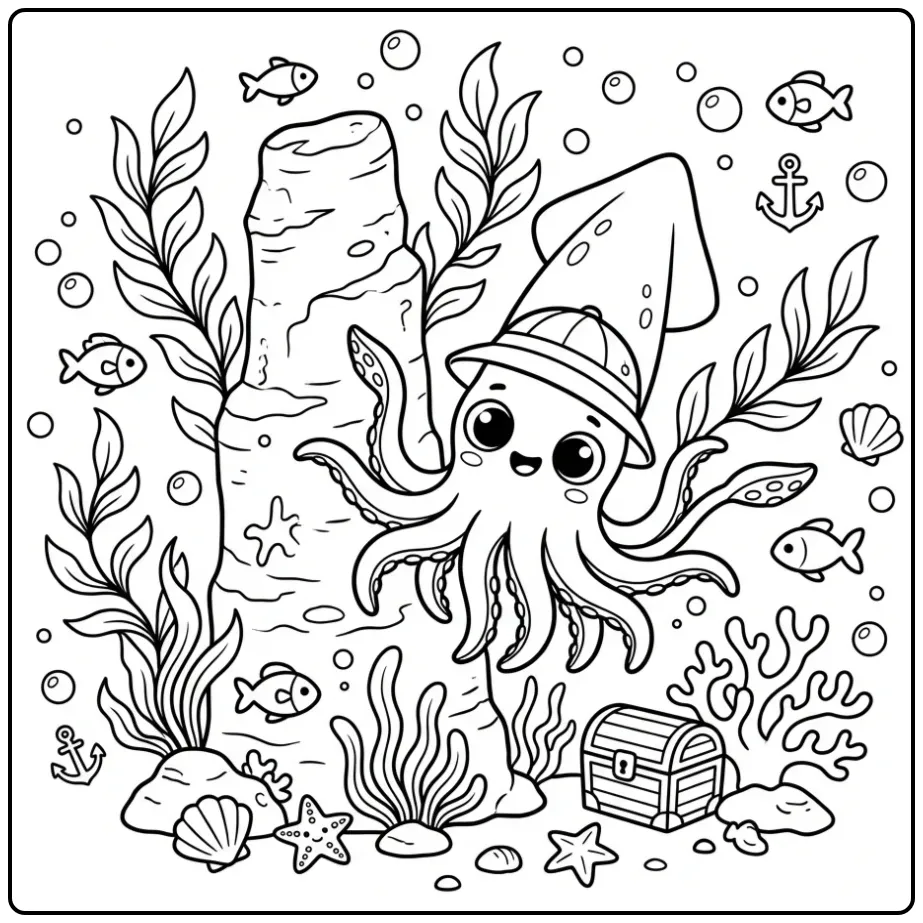 Een zwemmende inktvis kleurplaat met zeewier.