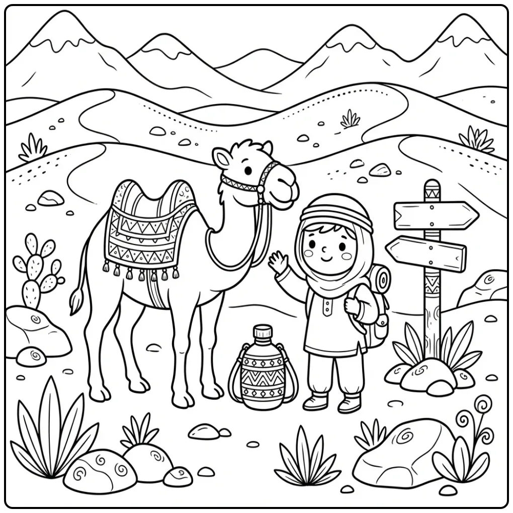 Schattige kameel kleurplaat met zwaaiend kind en duinen.
