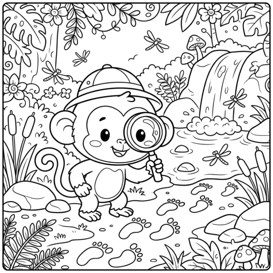 Kleurplaat aap met hoed en vergrootglas bij water.