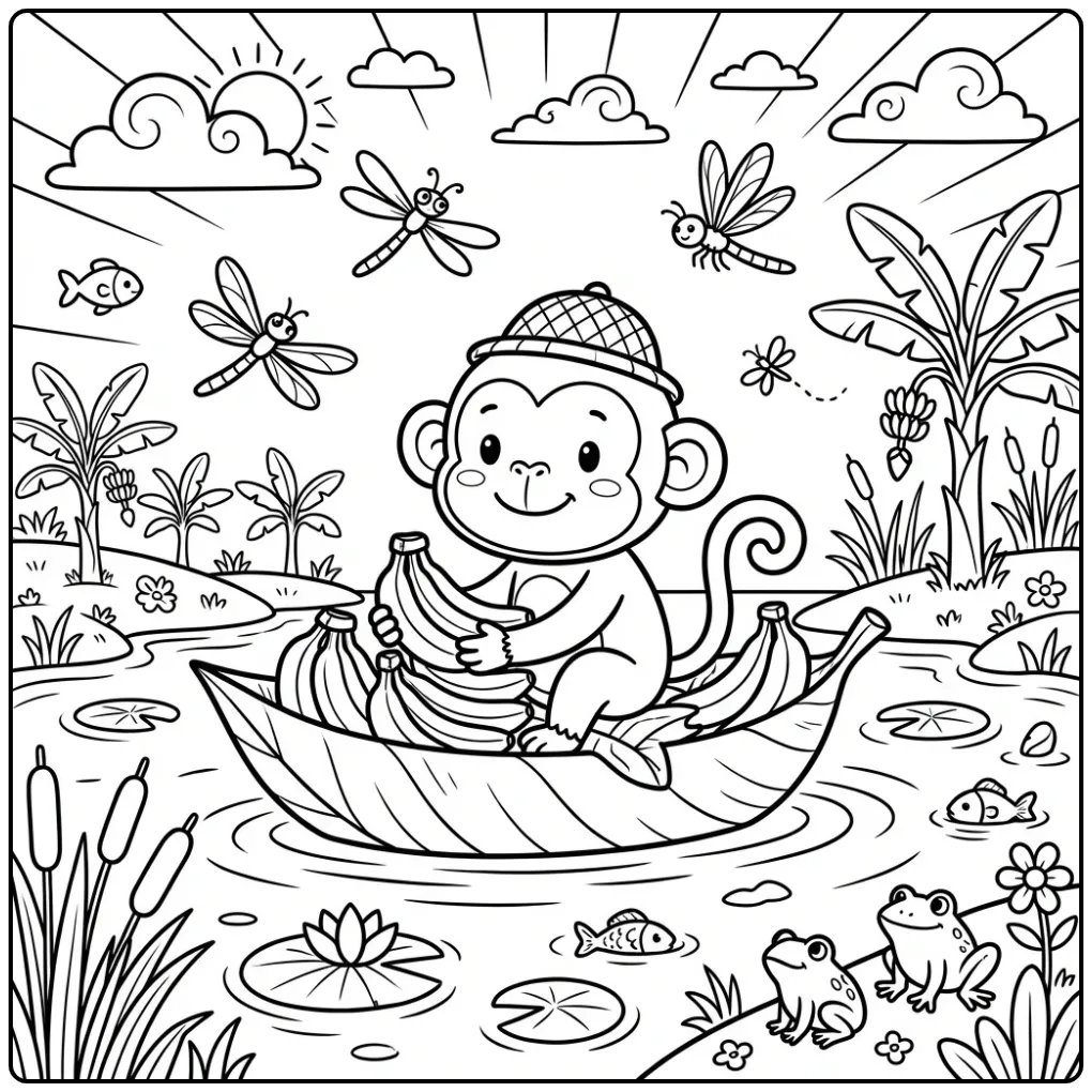 Schattige kleurplaat aap met banaan varend in een bladboot.