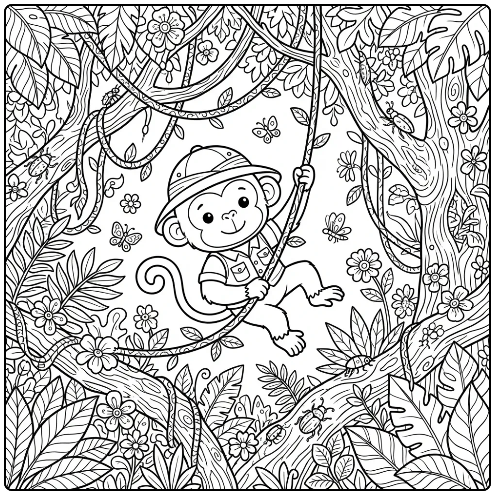 Gedetailleerde kleurplaat aap moeilijk slingerend aan liaan.