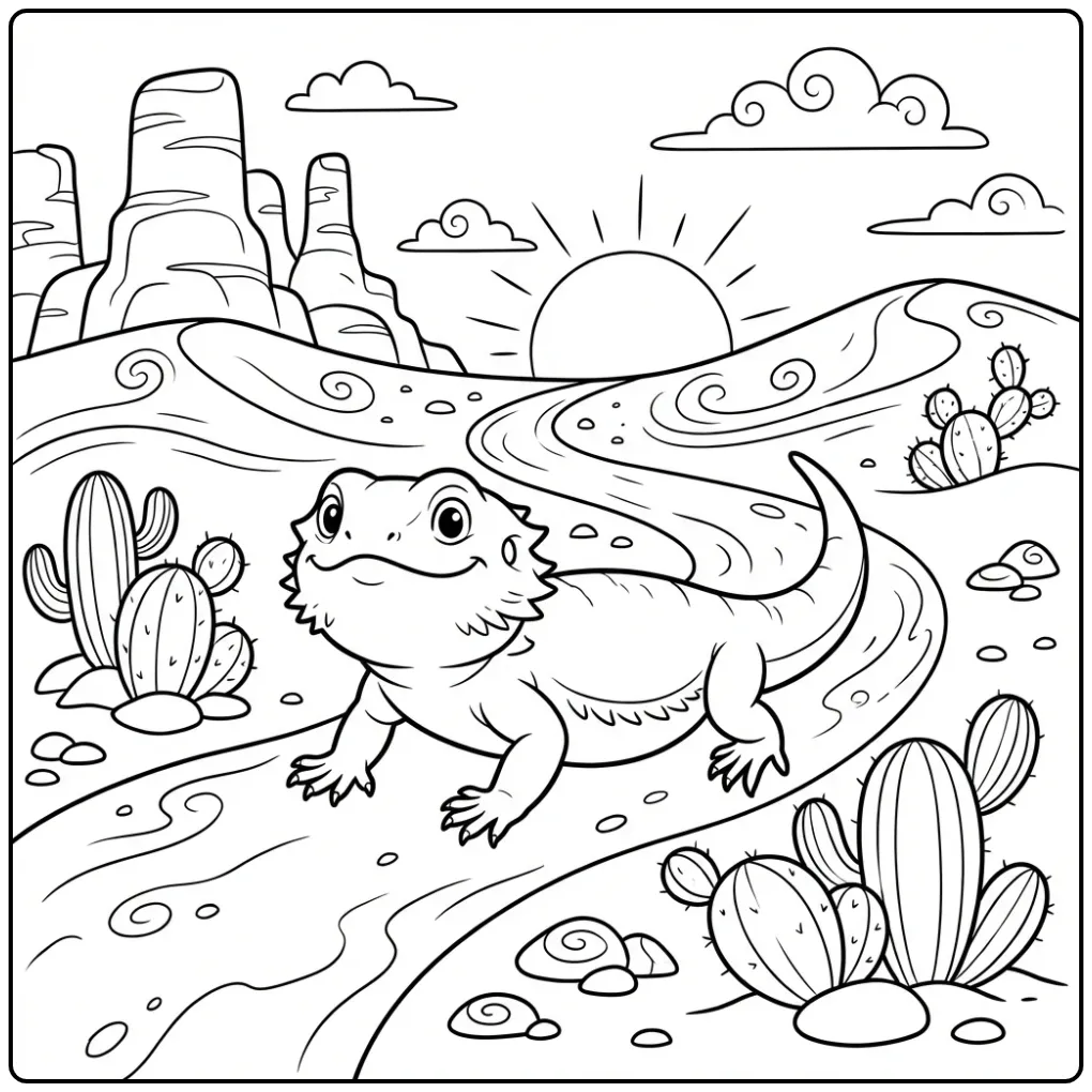 Leuke kleurplaat baardagaam wandelend door de woestijn.