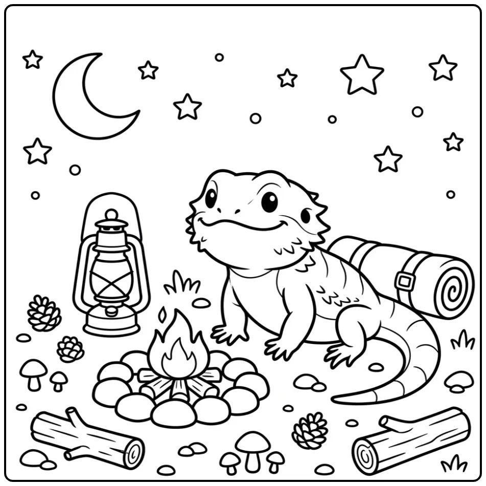 Schattige kleurplaat baardagaam bij het kampvuur.