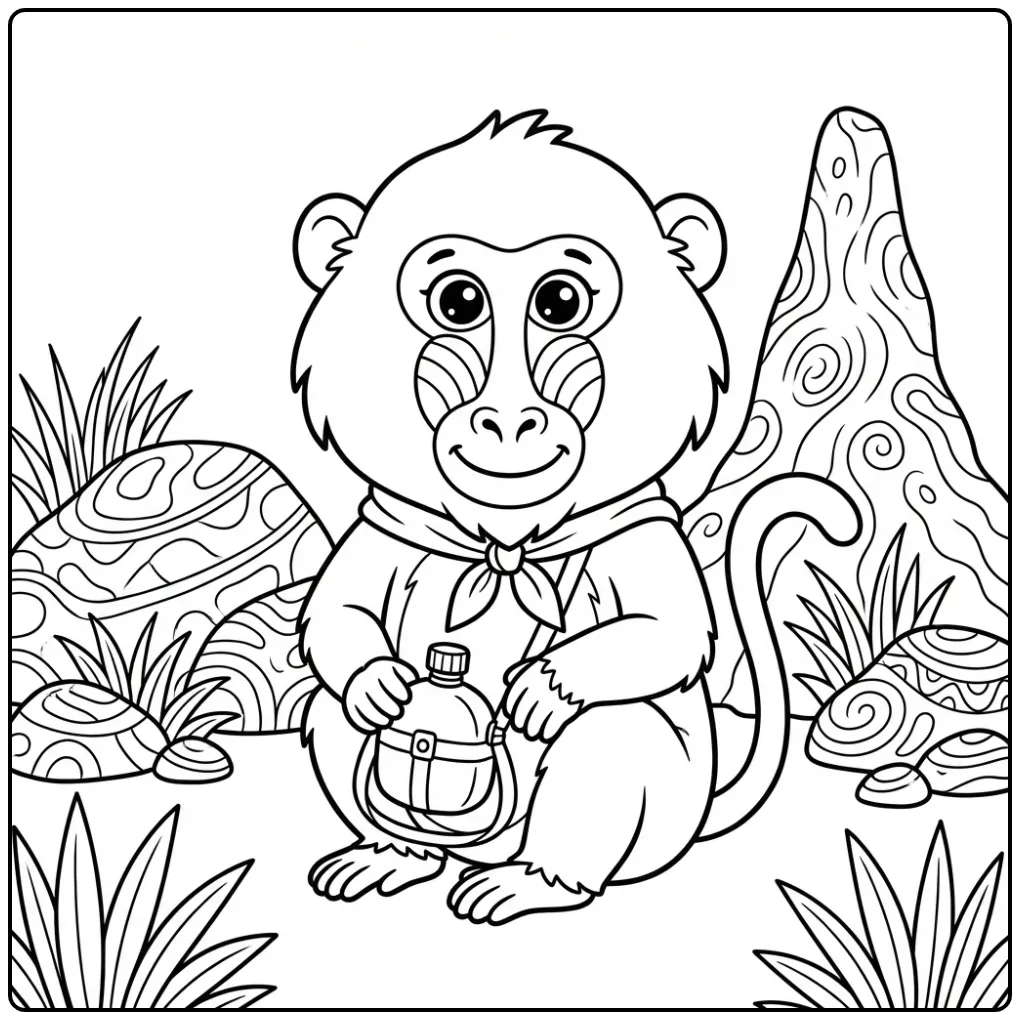 Een schattige kleurplaat baviaan op safari met een sjaal.