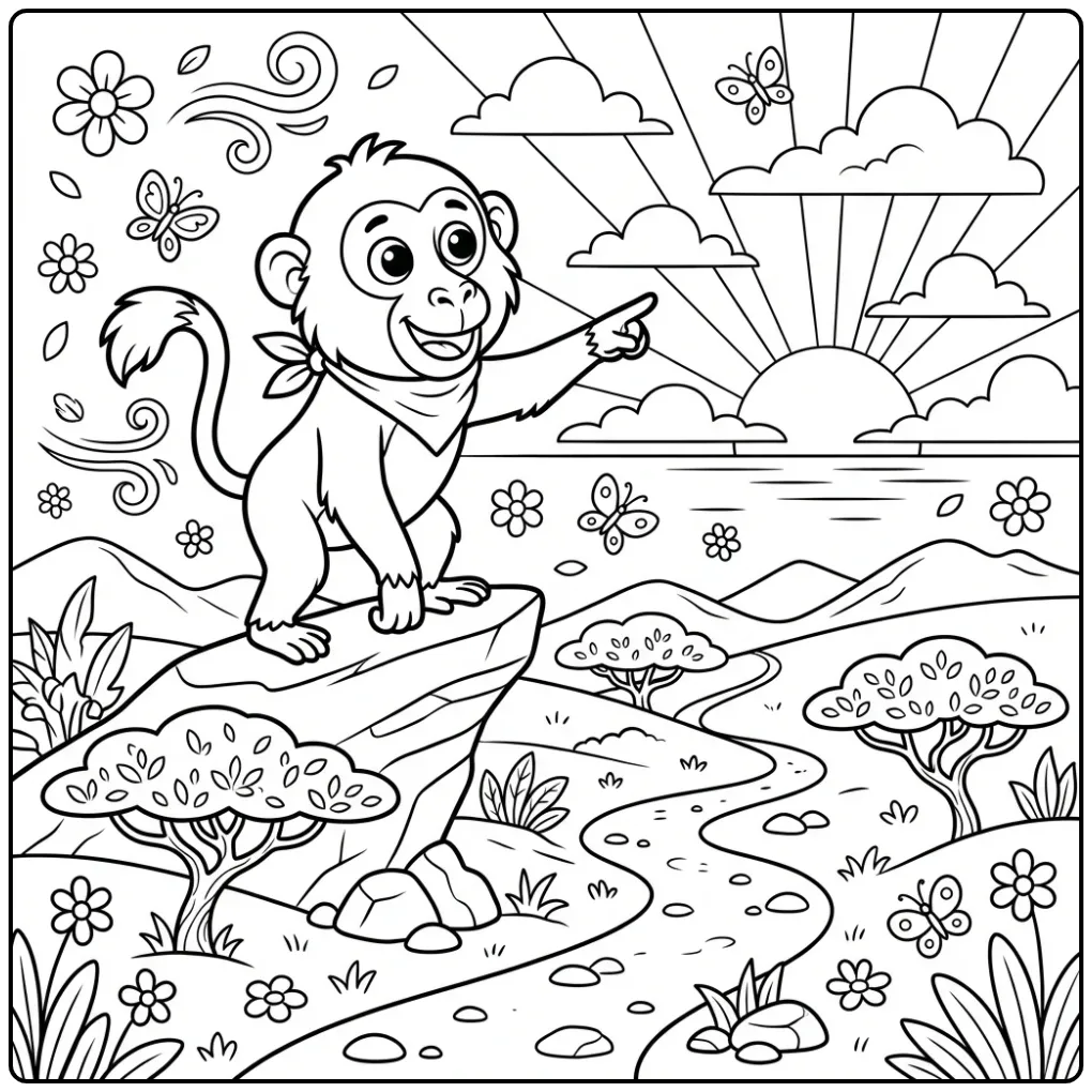 Een leuke kleurplaat baviaan op de uitkijkrots.