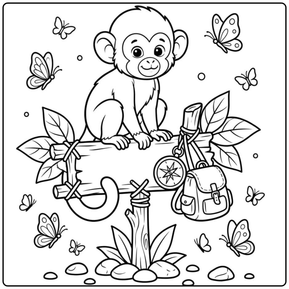 Schattige kleurplaat doodshoofdaapje op een jungle bord.