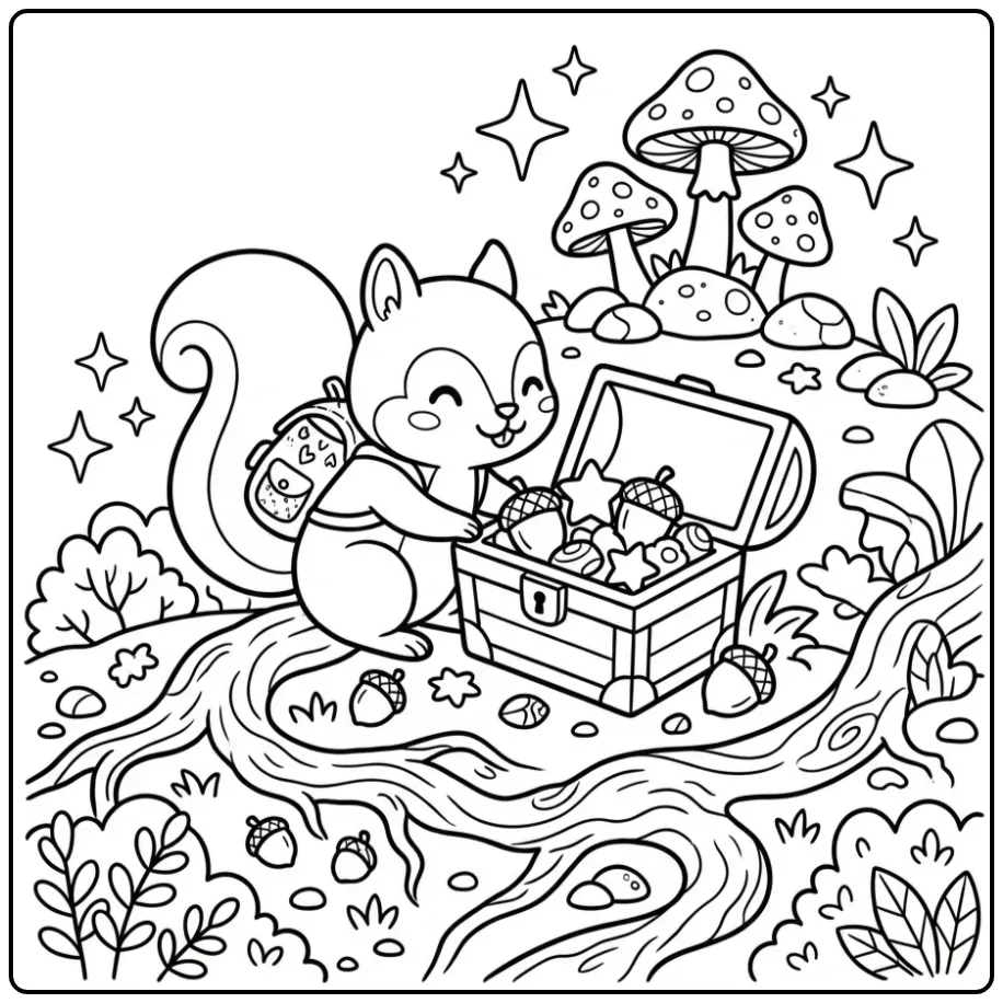 Leuke kleurplaat eekhoorn vindt schatkist vol met eikeltjes.