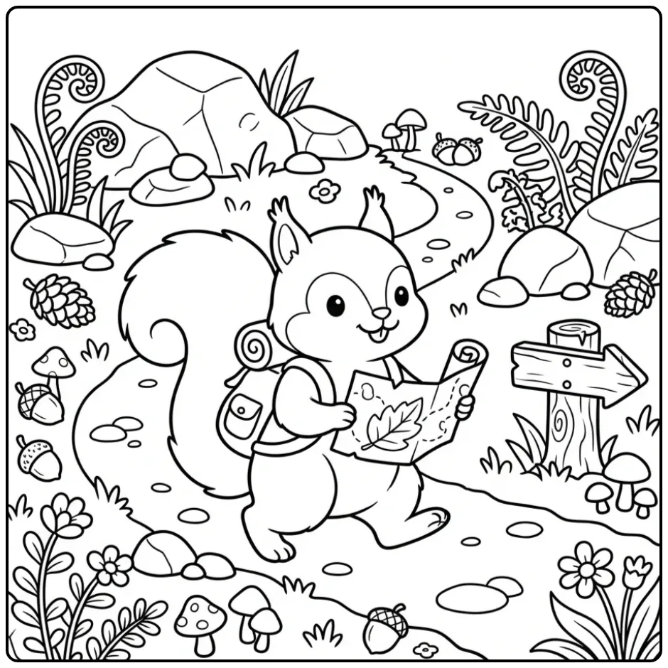 Kleurplaat eekhoorntje wandelt met een bladkaart.