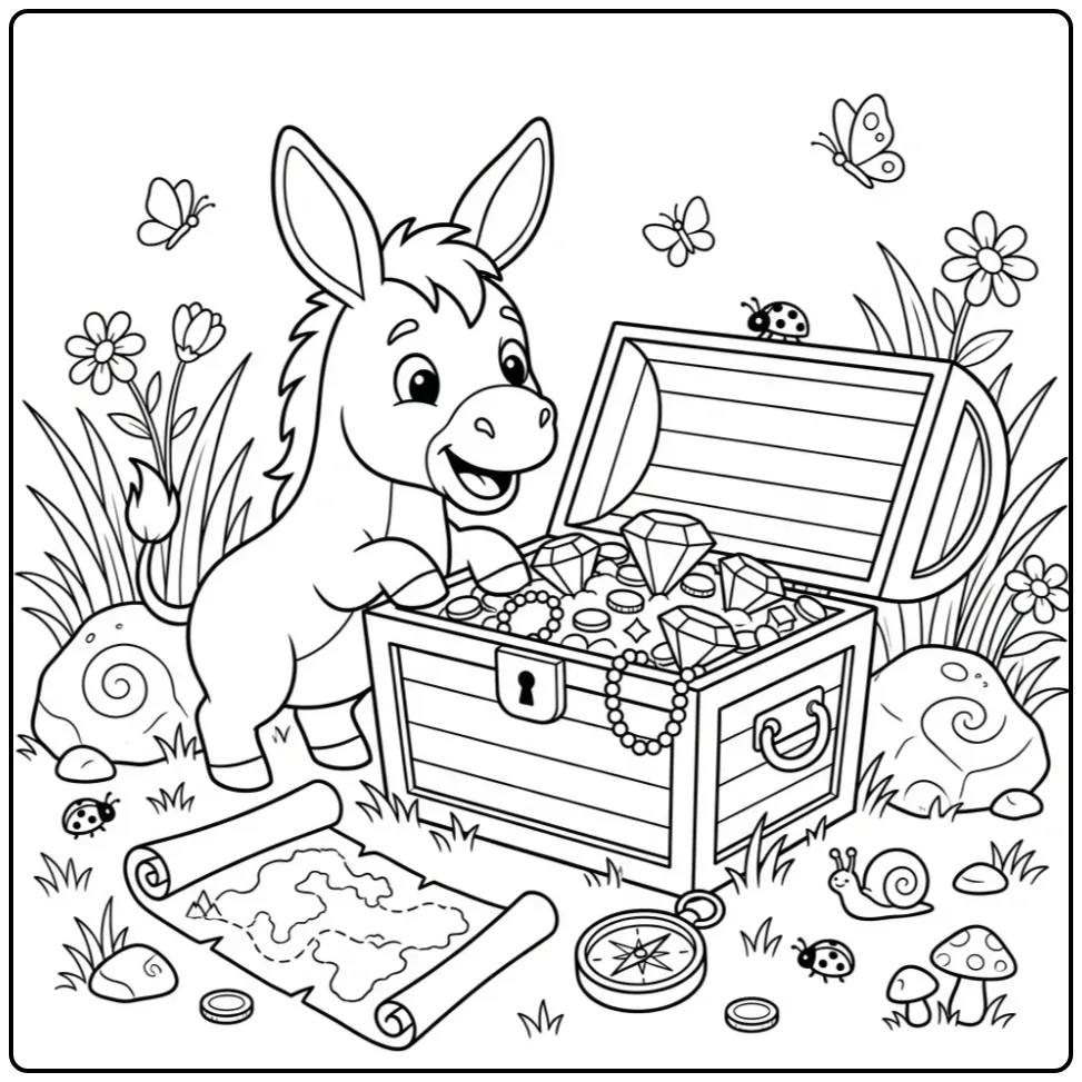 Leuke kleurplaat ezel ontdekt een schatkist vol edelstenen.