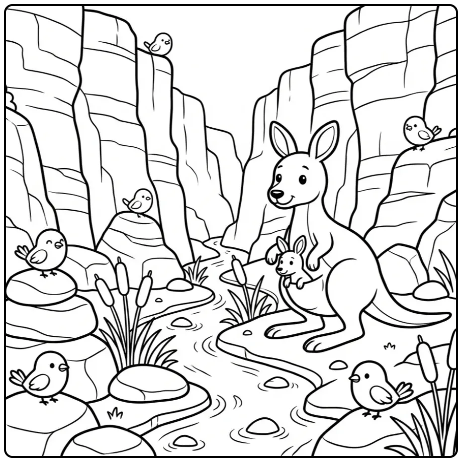 Kleurplaat kangoeroe bij een beekje in een diepe kloof.