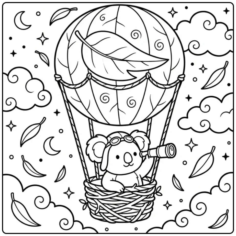 Schattige kleurplaat koala beer in een luchtballon.