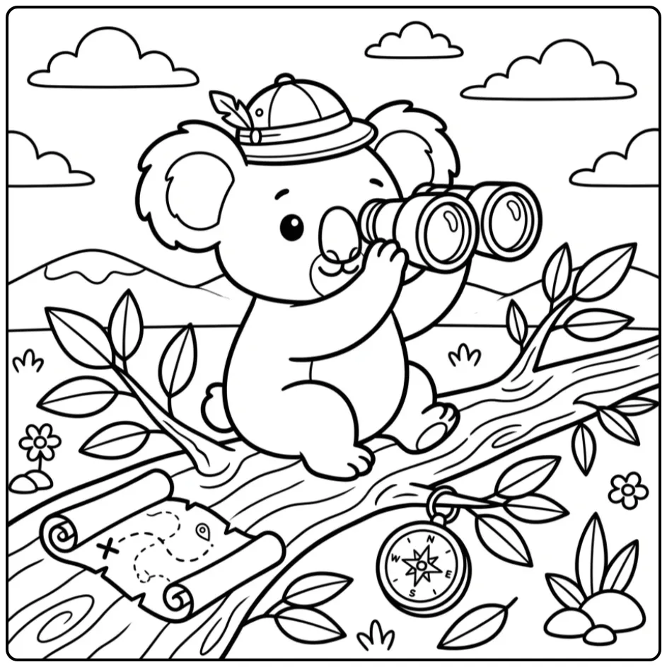 Een kleurplaat koala beer als ontdekkingsreiziger op een tak.