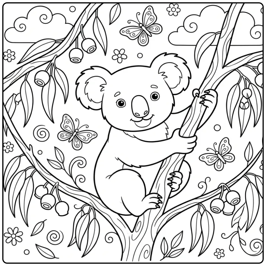 Een leuke kleurplaat koala beer klimmend in eucalyptusbomen.