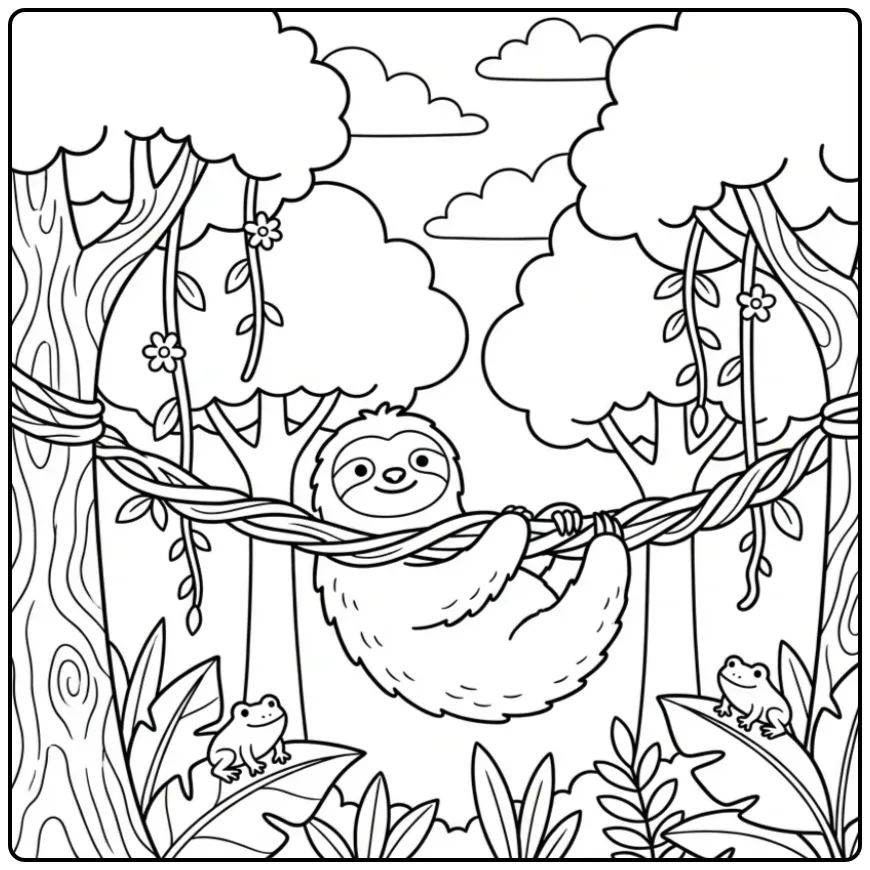 Cartoon kleurplaat luiaard op een brug van lianen in het bos.