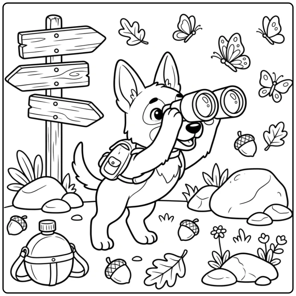 Schattige kleurplaat mechelse herder met rugzak en verrekijker