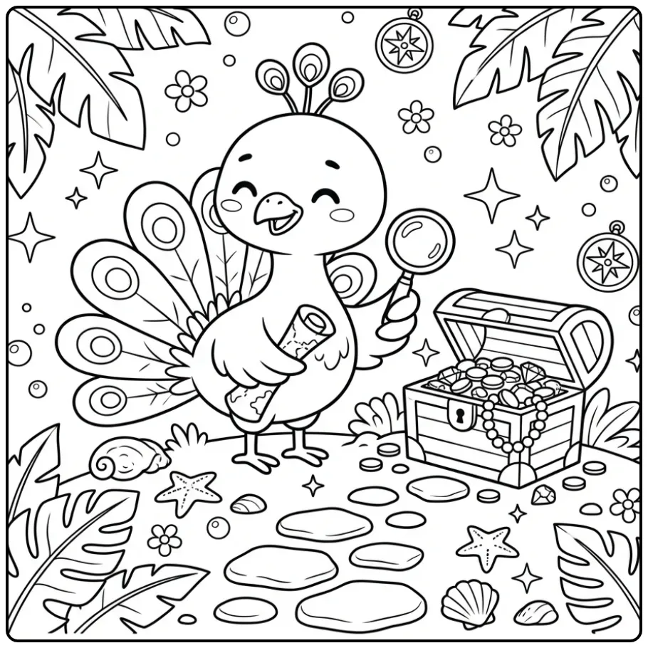Schattige kleurplaat pauw met schatkaart en kist.