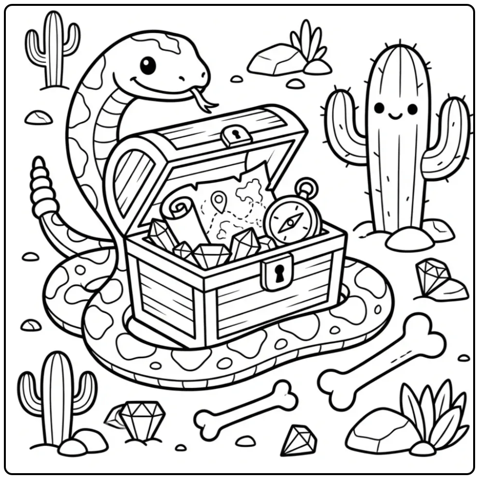 Een leuke kleurplaat ratelslang bij een schatkist vol goud.