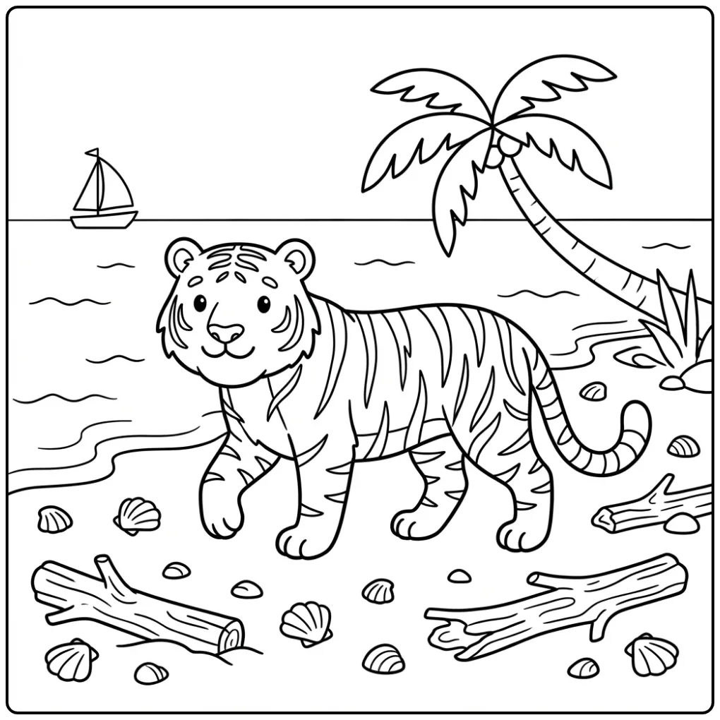 Leuke kleurplaat tijger wandelend op een strand met palmen