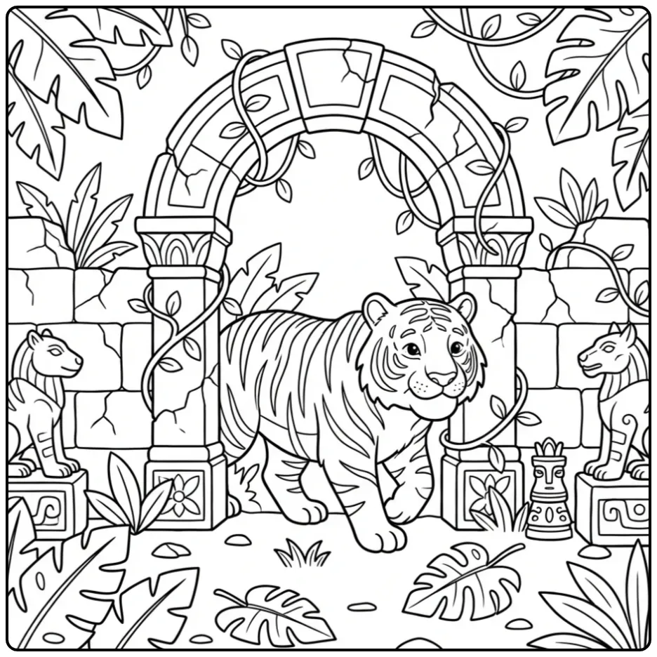 Leuke kleurplaat tijger in een oude jungle tempel ruïne.