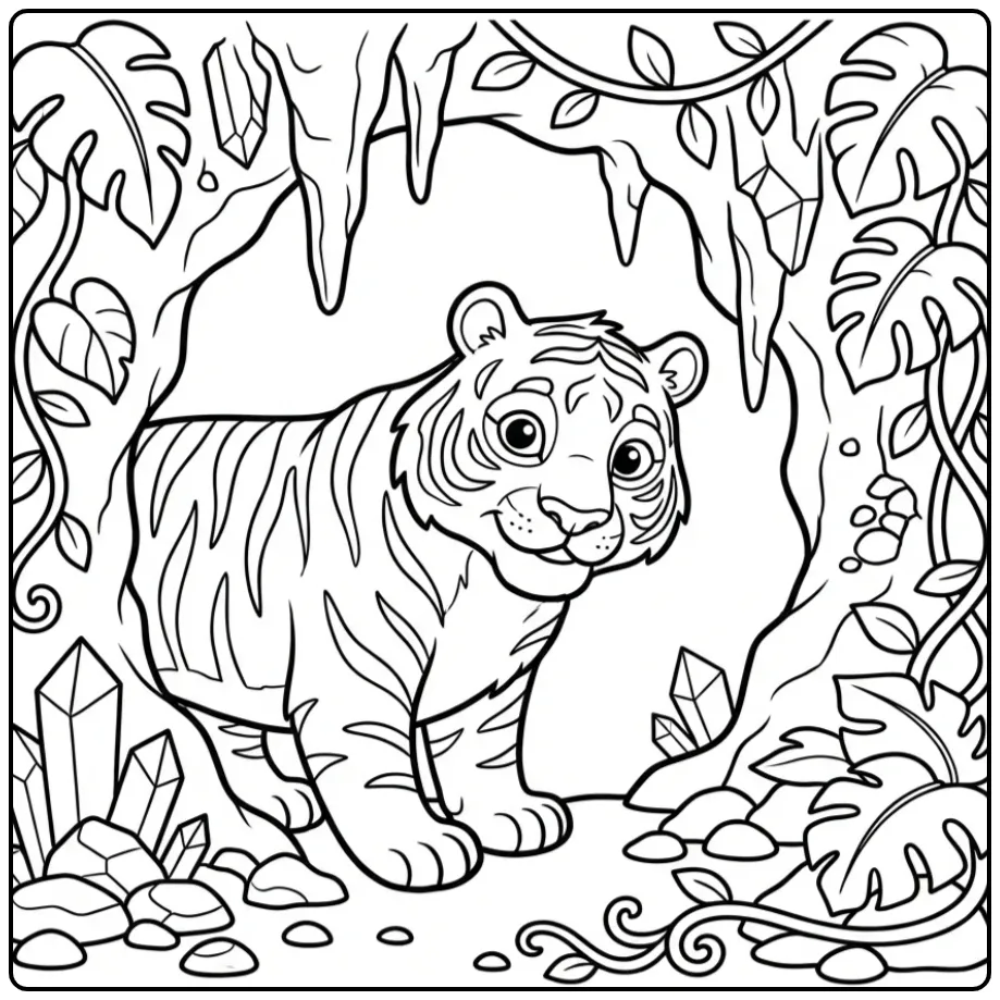Een leuke kleurplaat tijger bij een grot vol kristallen.