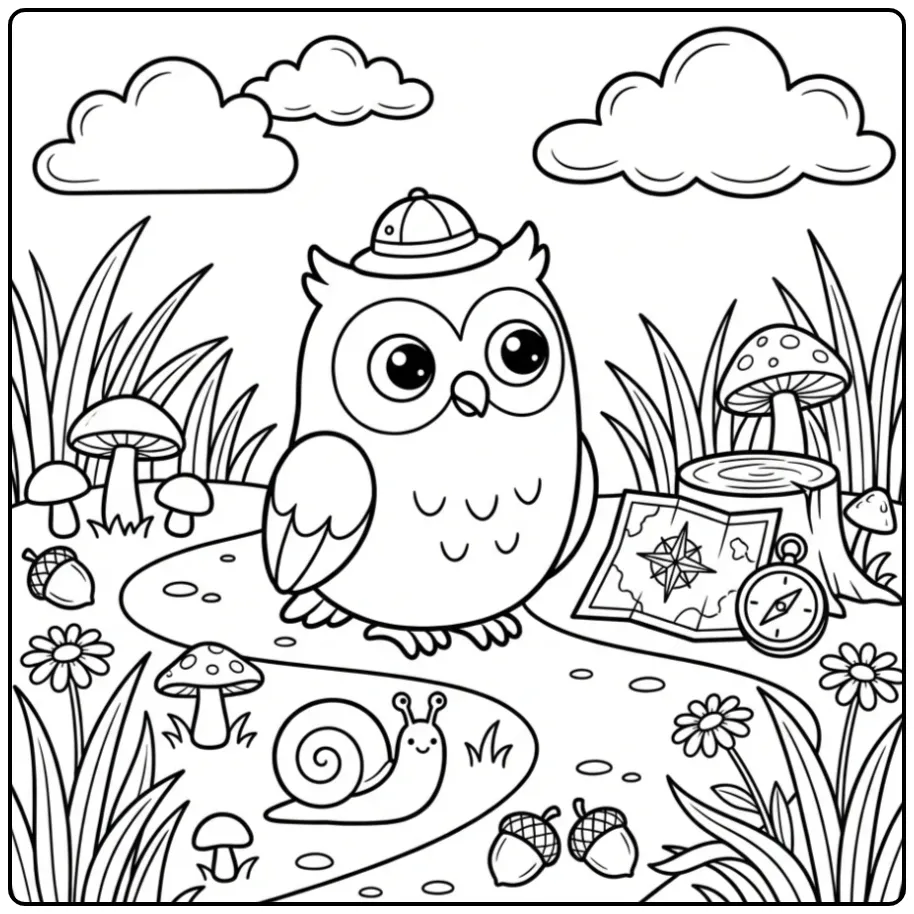 Leuke kleurplaat uil als ontdekkingsreiziger in het bos