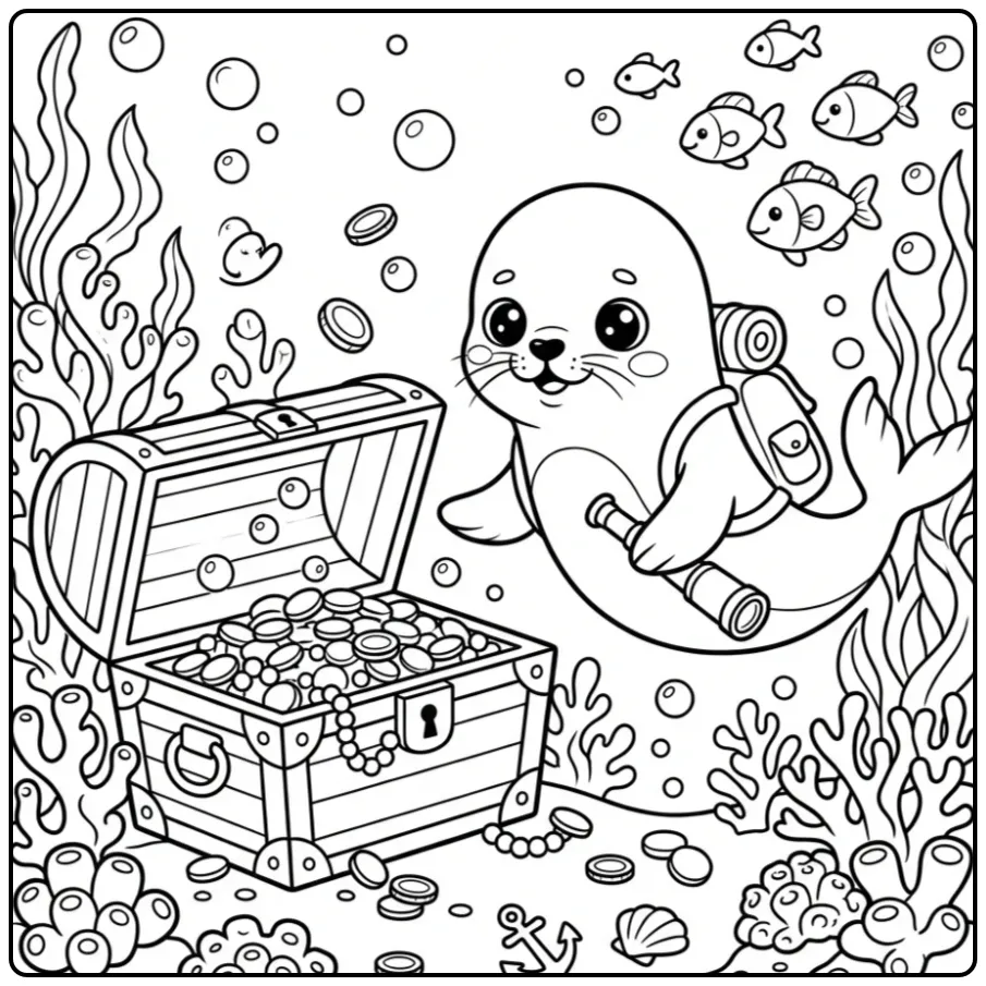 Een schattige zeehond kleurplaat met een schatkist onder water.