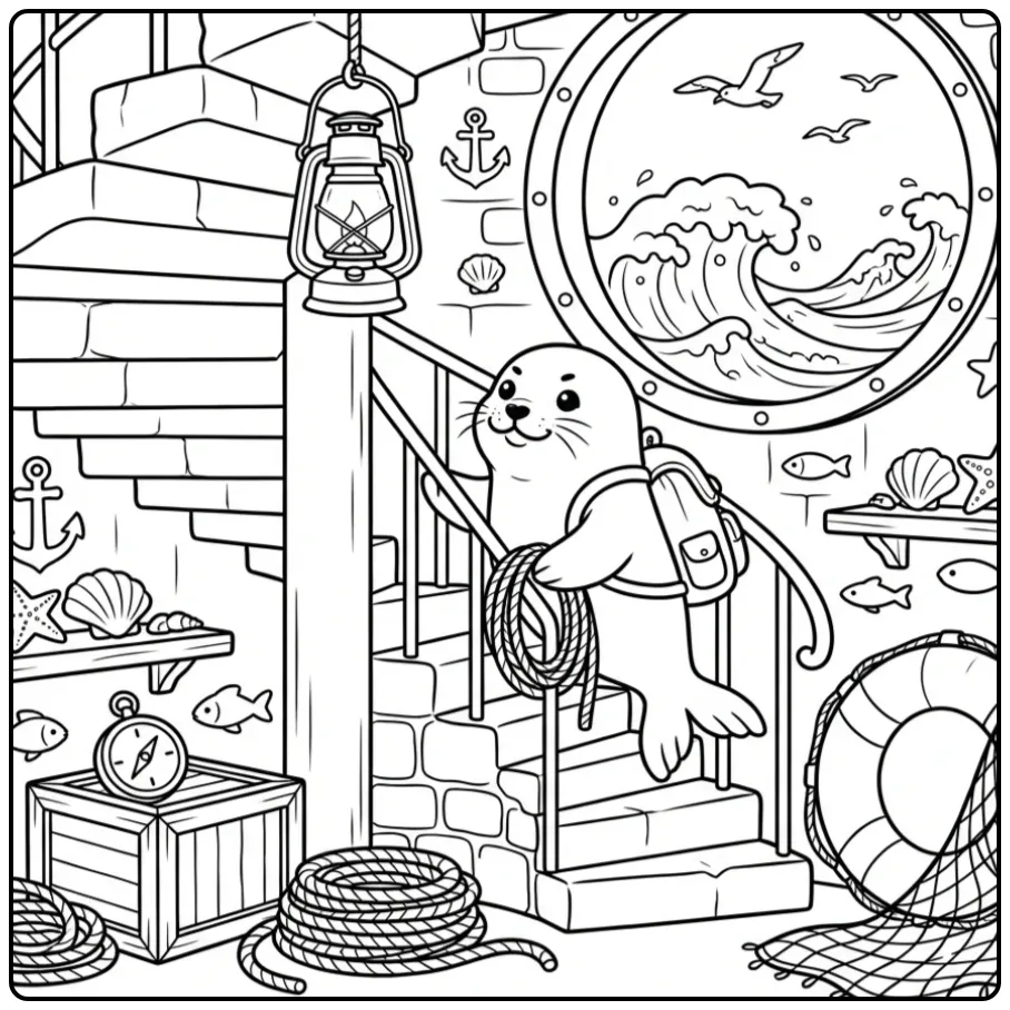 Een vrolijke zeehond kleurplaat die de vuurtoren beklimt.