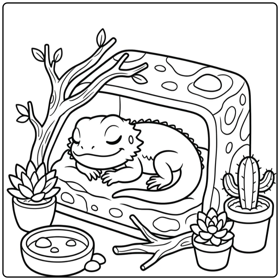 Schattige slapende baby baardagaam kleurplaat in terrarium.