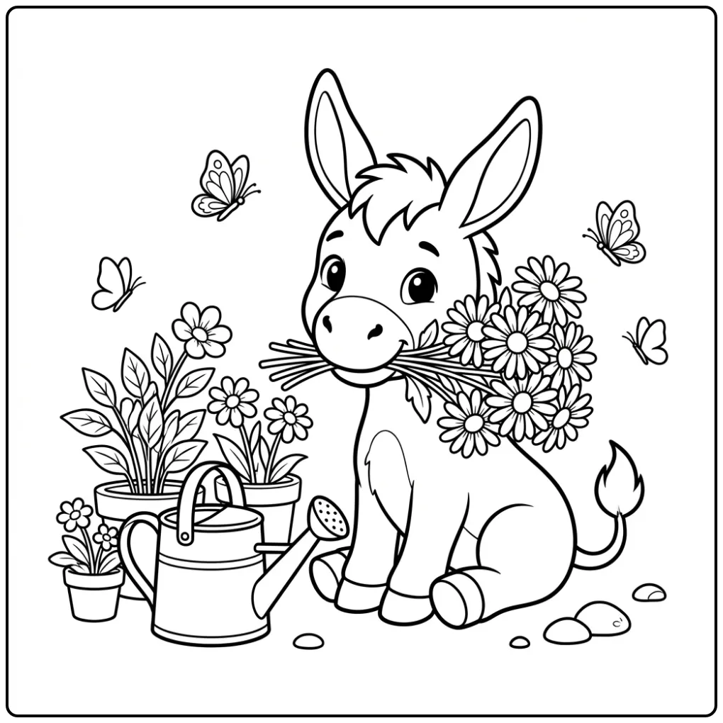 Schattige kleurplaat ezel met een bos bloemen en gieter.