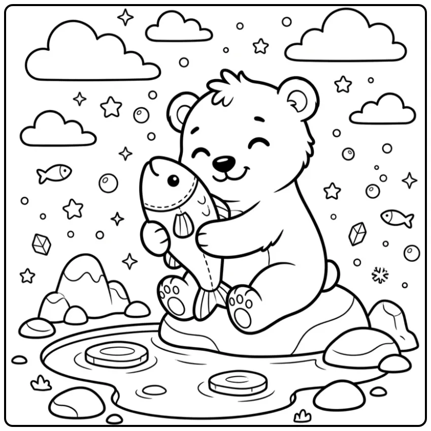Schattige baby ijsbeer kleurplaat knuffelt vis bij ijspoel.