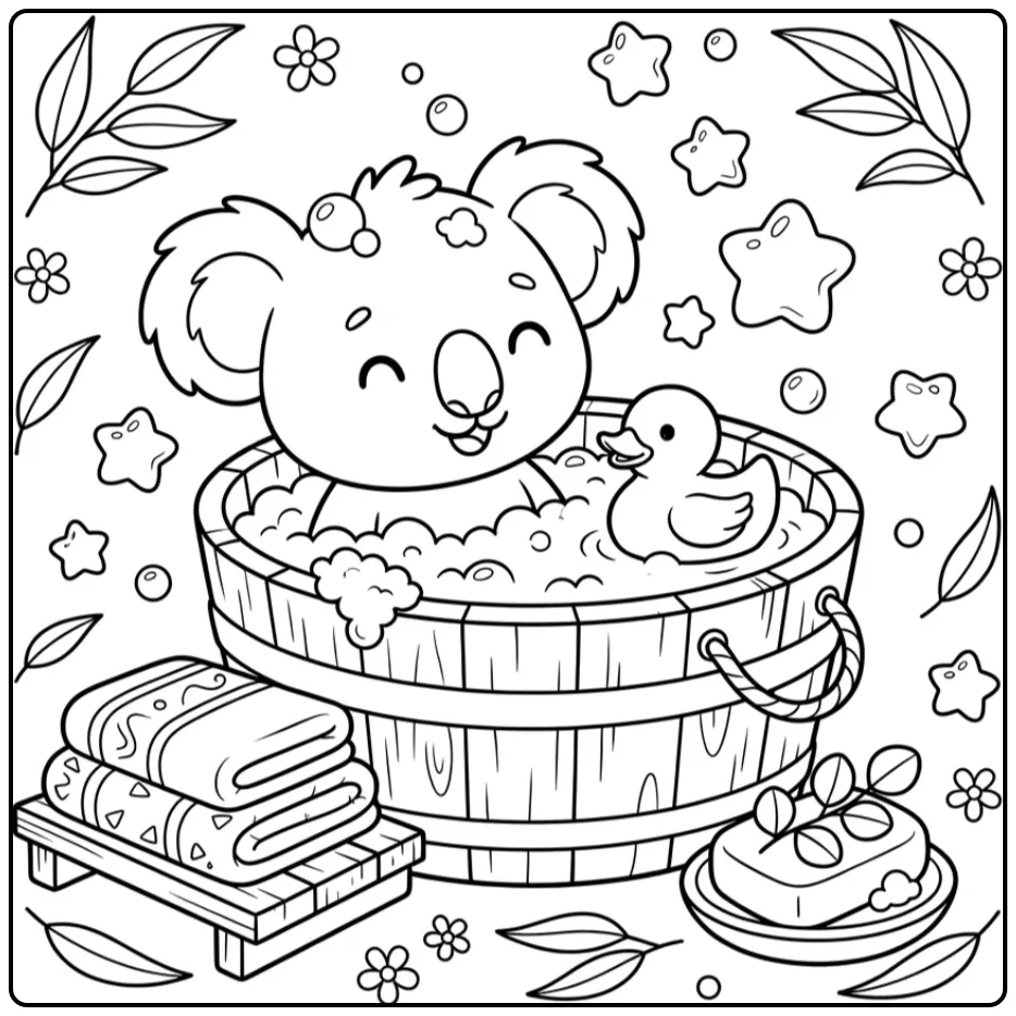 Leuke baby koala kleurplaat in bad met zeepbellen.