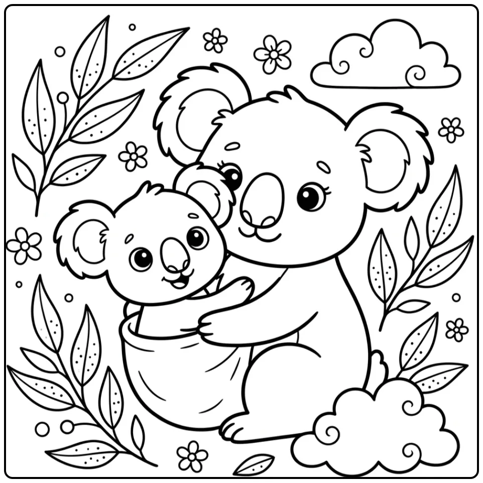 Schattige baby koala kleurplaat in de buidel van mama.