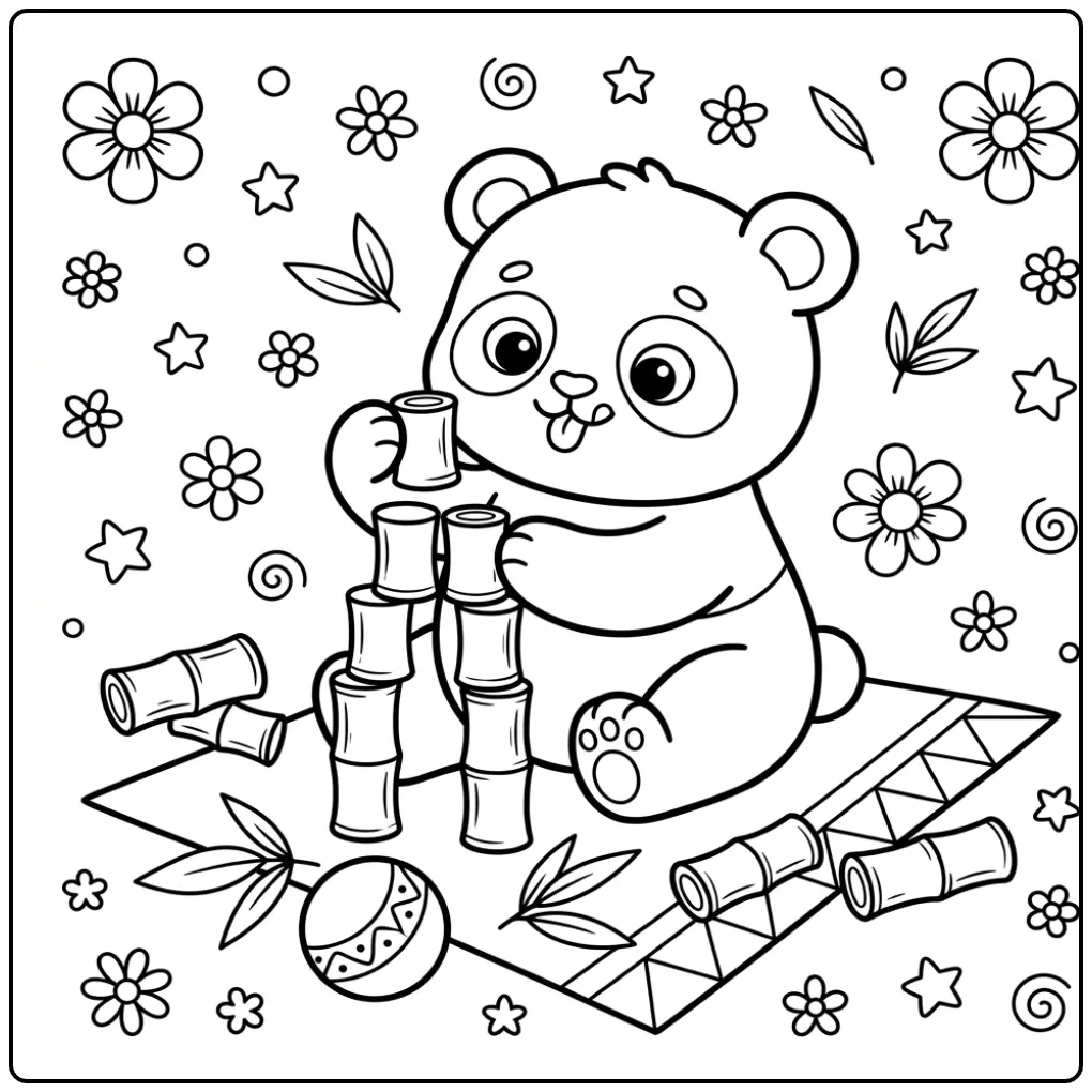 Schattige baby panda kleurplaat die met blokken speelt.