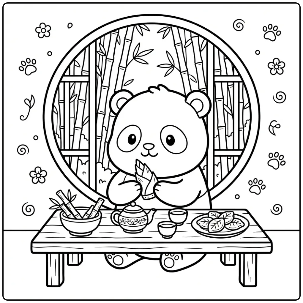 Een schattige baby panda kleurplaat etend aan een tafeltje.