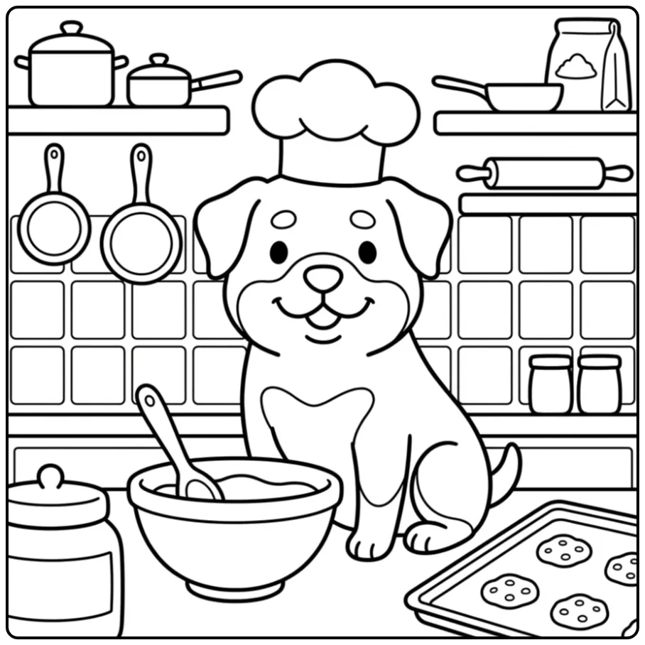 Schattige rottweiler kleurplaat met koksmuts in de keuken.