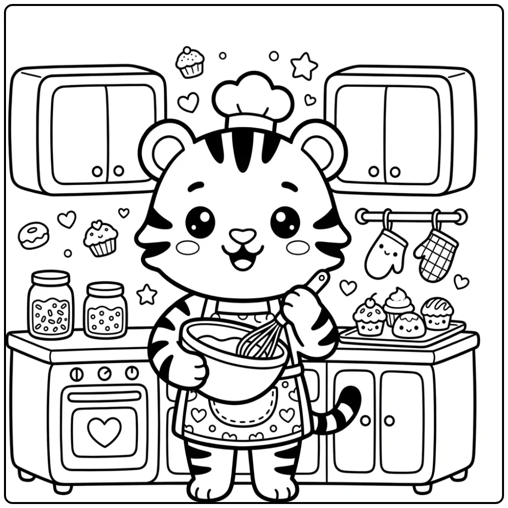 Een schattige tijger kleurplaat in de keuken met cupcakes.