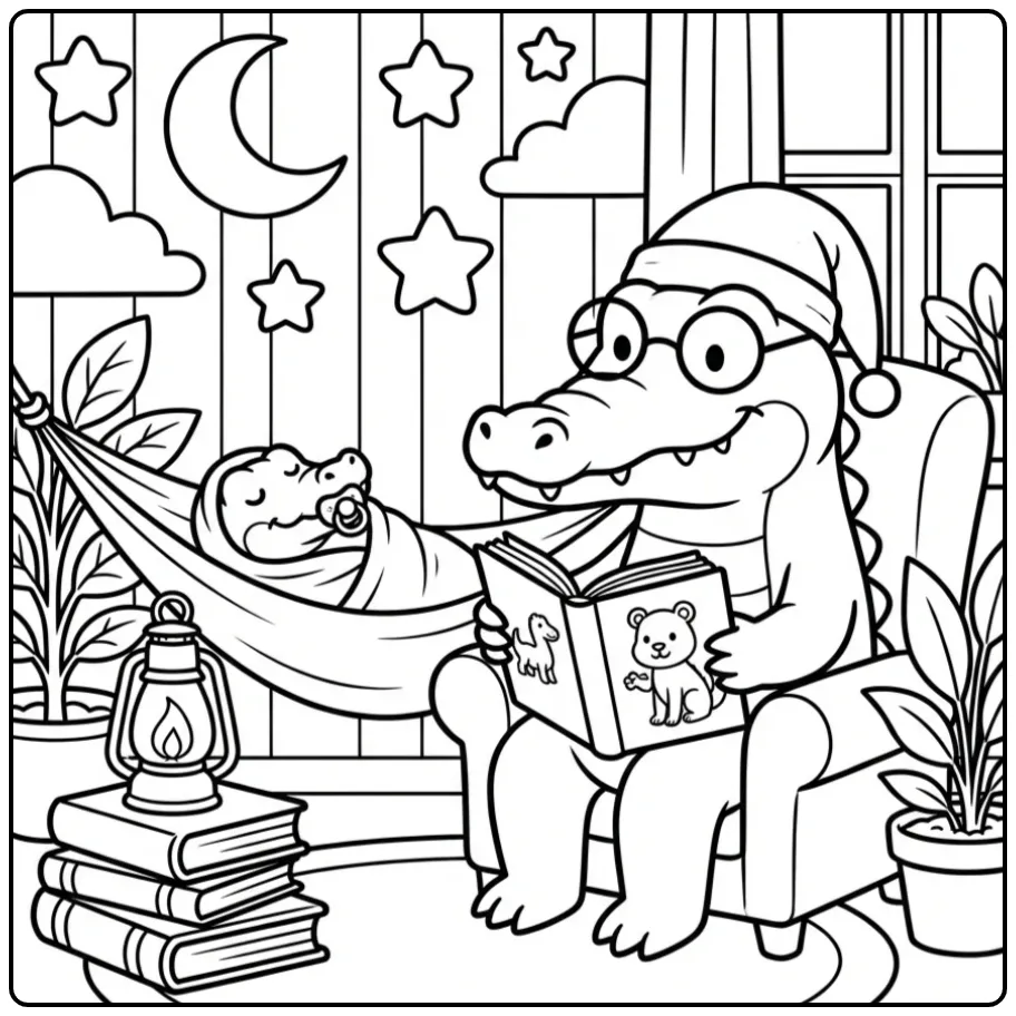 Schattige kleurplaat krokodil leest voor in een hangmat.