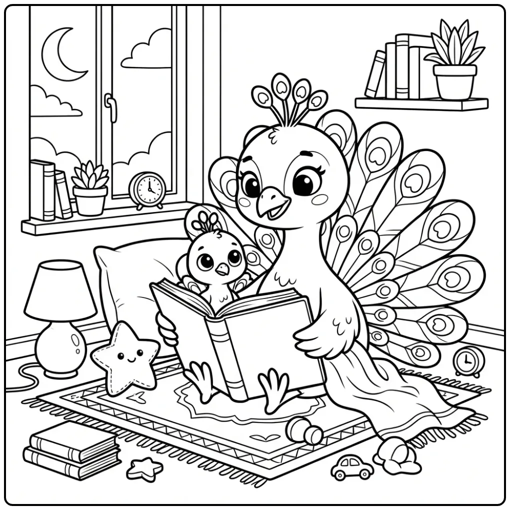 Een schattige kleurplaat pauw die voorleest aan een kuiken.