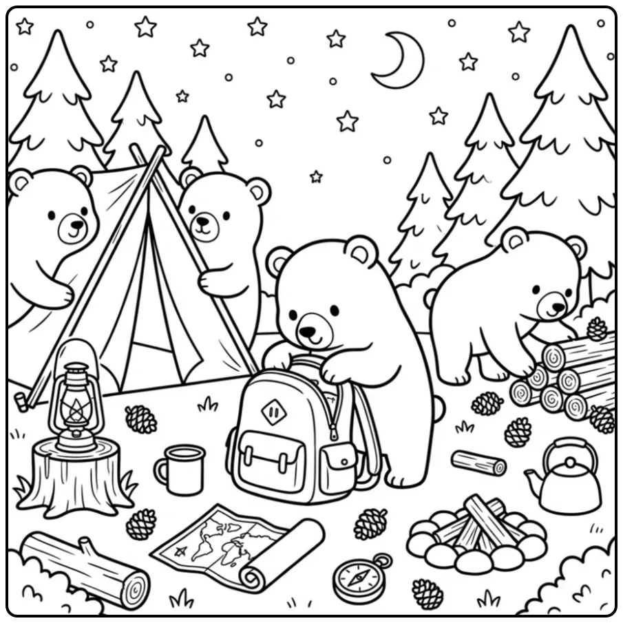 Leuke beren kleurplaat met kamperende dieren bij een tent.