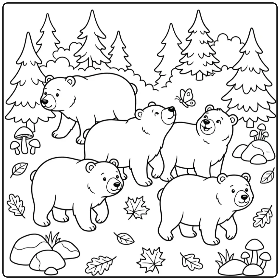 Leuke beren kleurplaat met wandelende dieren in het bos.