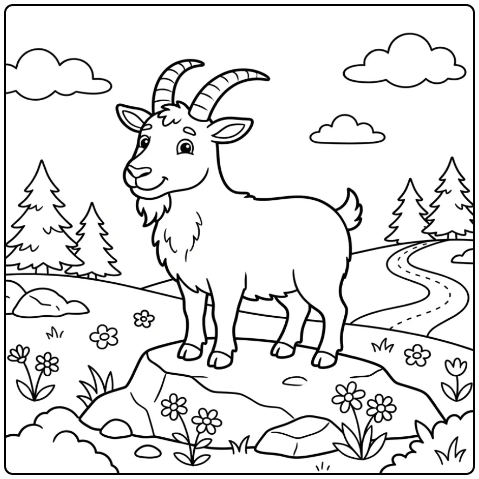 Schattige kleurplaat geit op een rots met dennenbomen.