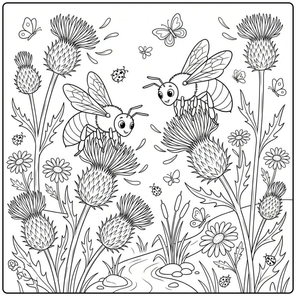 Een vrolijke bijen kleurplaat met distels en madeliefjes.