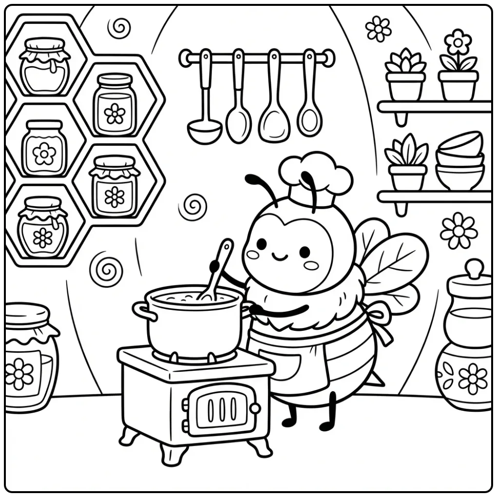 Bijen kleurplaat met een kokende bij in een honingkeuken.