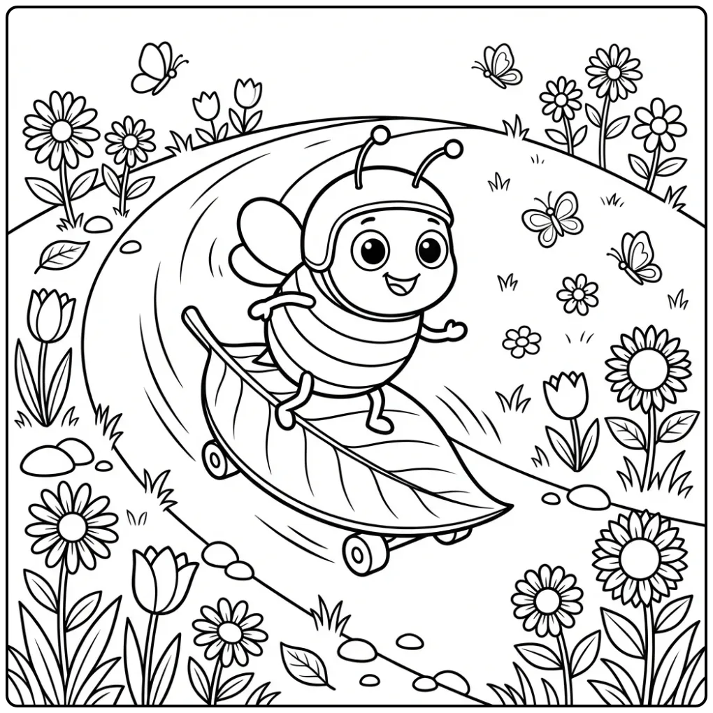 Schattige bijen kleurplaat van een bij die op een blad skate.