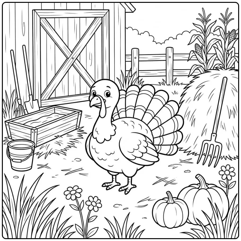 Een vrolijke kalkoen kleurplaat op de boerderij met hooi.